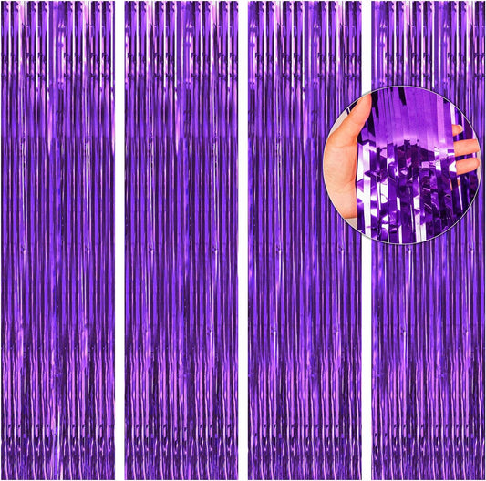 BTSD-home Purple Foil Fringe Curtain, Metallic Photo Booth Backdrop Tinsel Door Curtains for Wedding Birthday Bridal Shower Baby Shower Bachelorette Christmas Party Decorations(4 Pack, 8ft x 3ft)