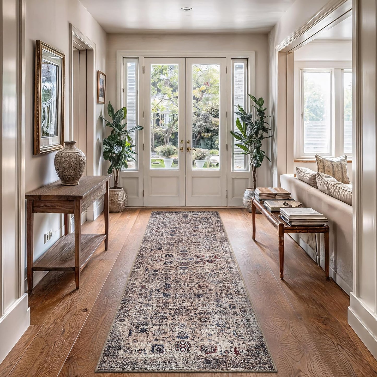 Bloom Rugs Washable Non-Slip 12 ft Runner - Light Tan/Blue Traditional Oriental Runner for Entryway, Hallway, Bathroom, and Kitchen - Exact Size: 2.5' x 12'