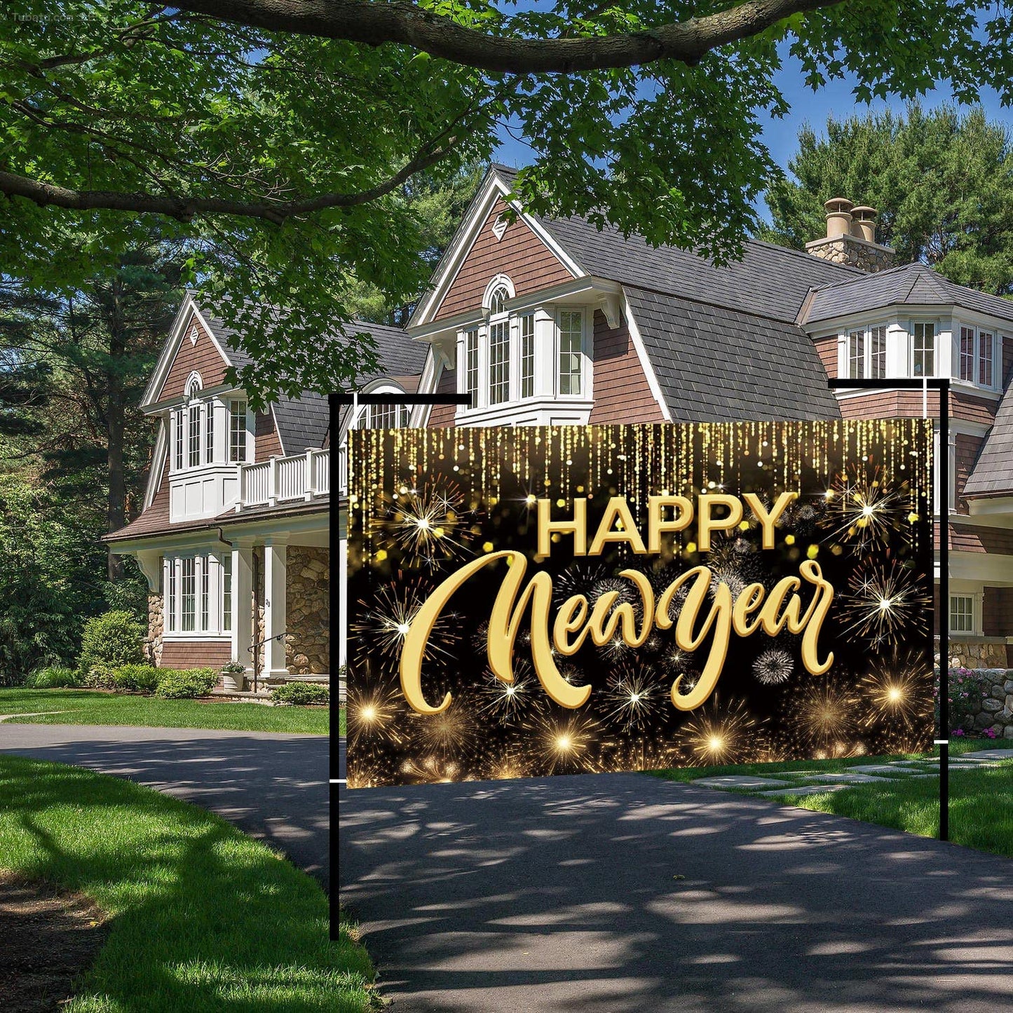 Happy New Year Hanging Extra Large Fabric Sign Poster Background Banner with Firework Pattern for