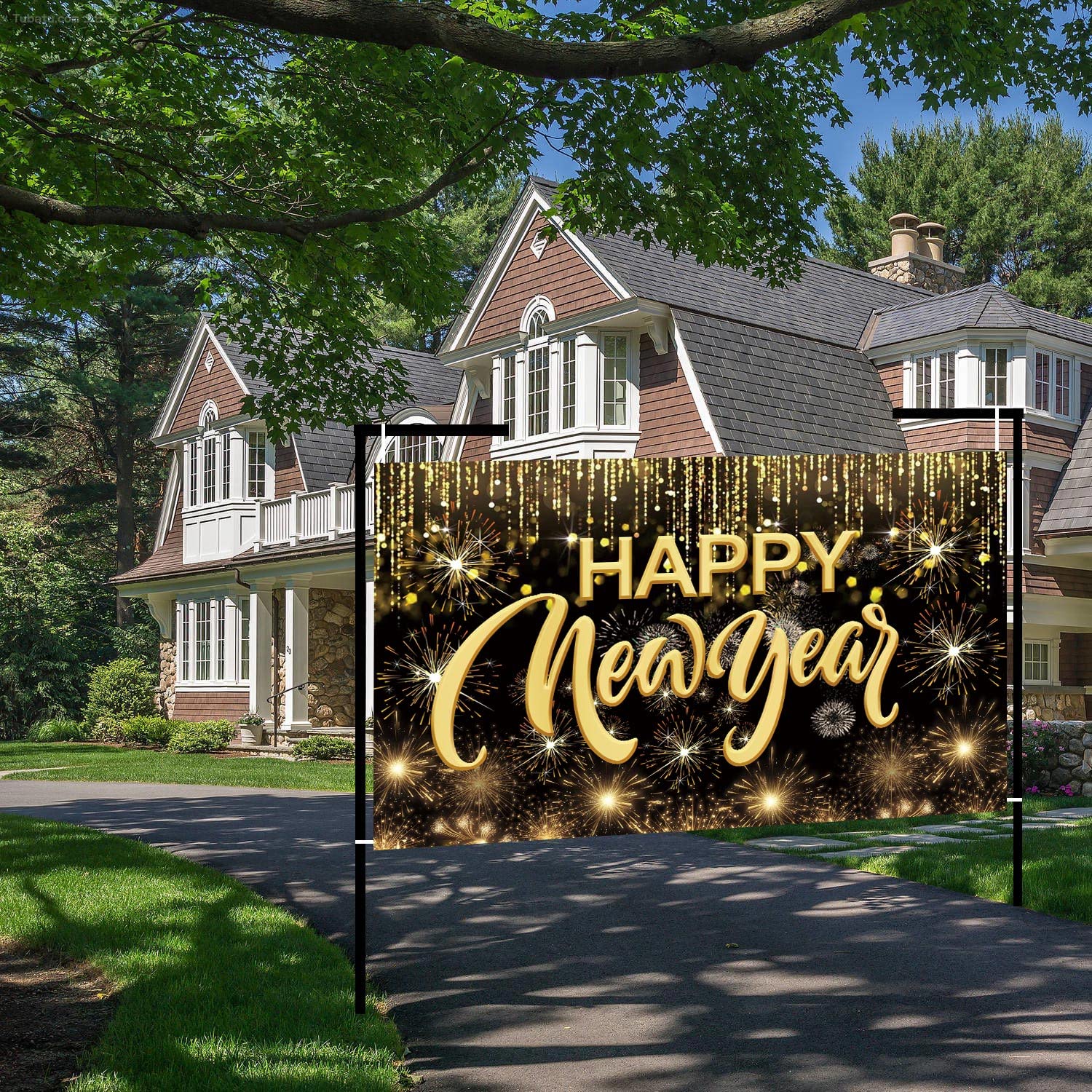 Happy New Year Hanging Extra Large Fabric Sign Poster Background Banner with Firework Pattern for