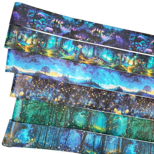 Night Forest Seamless Washi Tape Scrapbook Kit ??6 Rolls with Starry Sky, Fairy Woods & Twilight Designs for Journaling, DIY Crafts, Gift Wrapping, Card Making, Decoration, 3.15in Wide