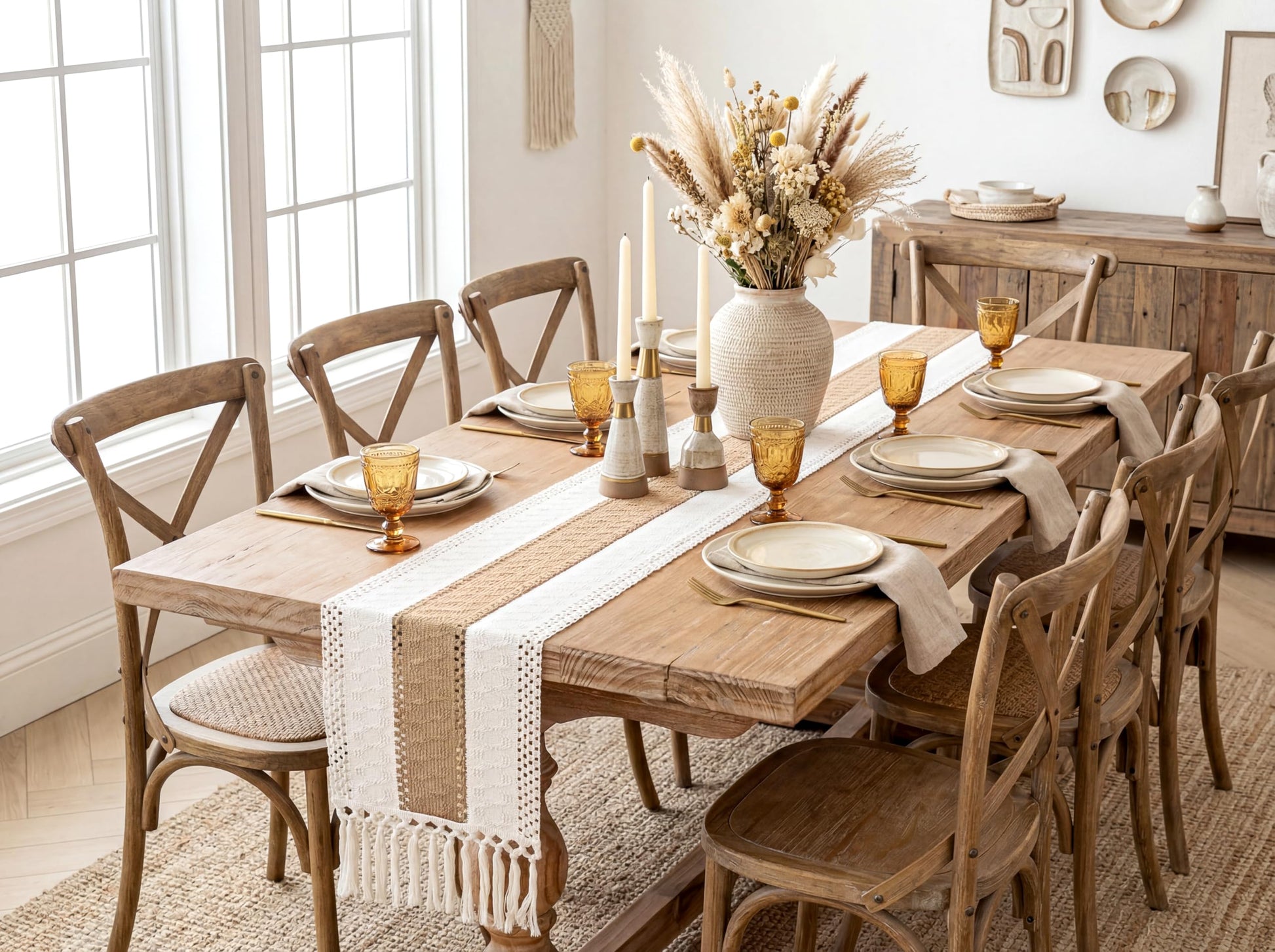 FEXIA Boho Table Runner for Fall Home Decor 12x72 Rustic with Tassels