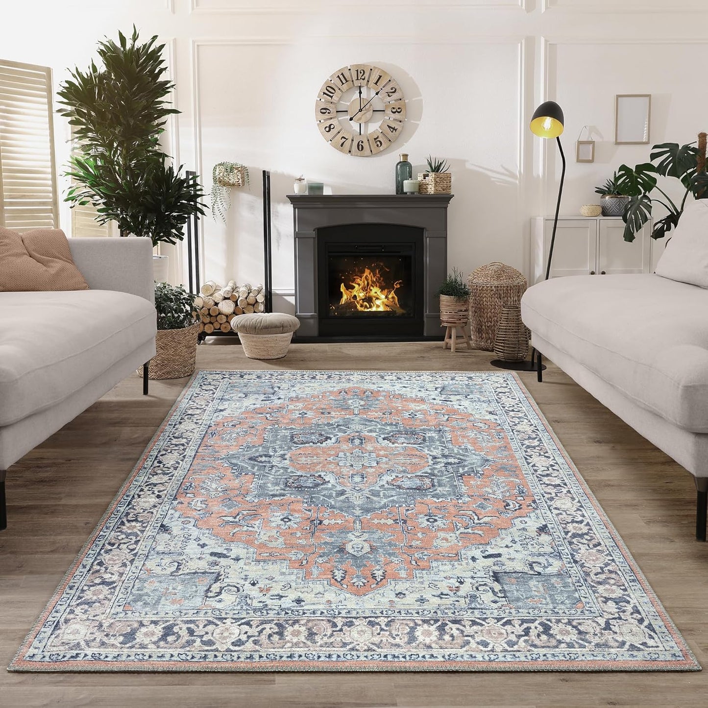 Bloom Rugs Washable Non-Slip 4' x 6' Rug - Coral/Blue Traditional Medallion Area Rug for Living Room, Bedroom, Dining Room, and Kitchen - Exact Size: 4' x 6'