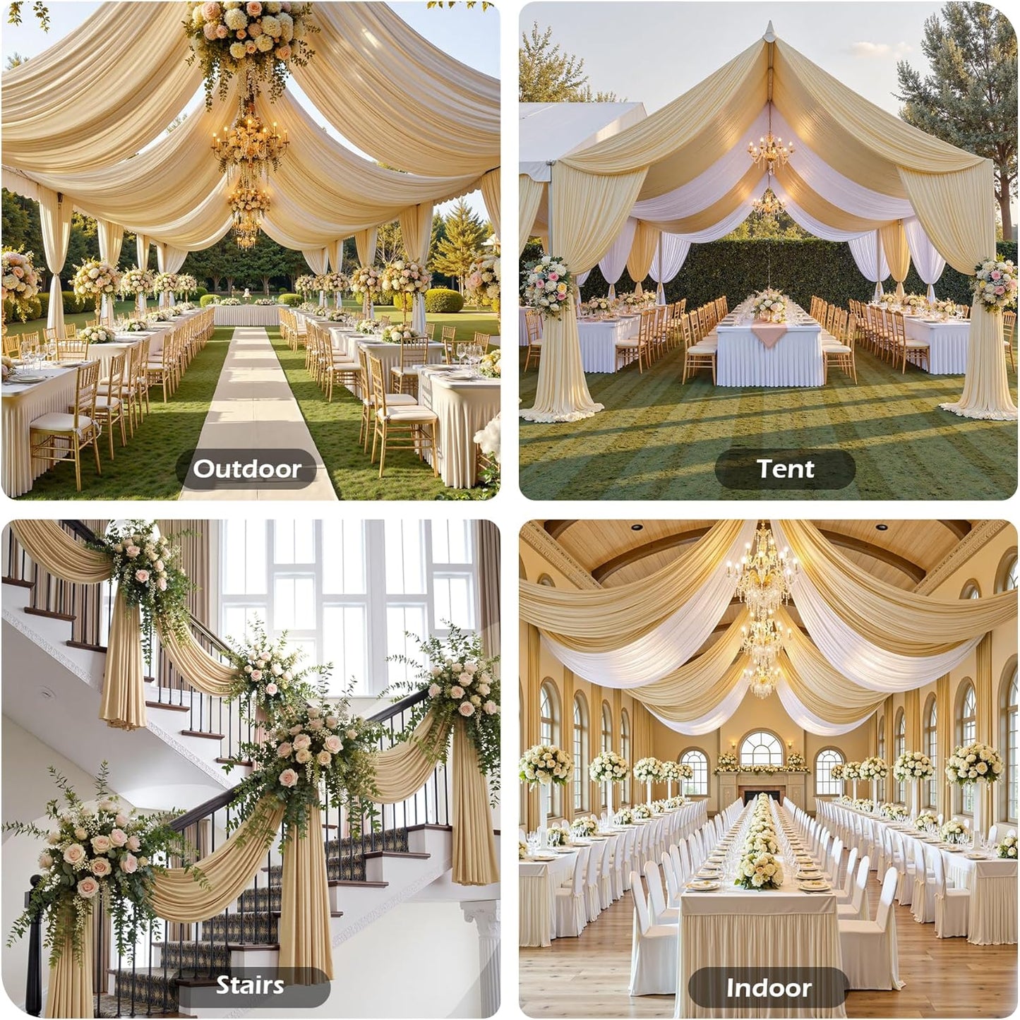PartyVillage 20ftx40ft Beige Ceiling Curtain for Wedding Parties – 4 Panels Wrinkle-Free 40 FT Long Tent Draping Curtains for Wedding, Birthday & Theme Parties, 40ft Height with Rod Pocket