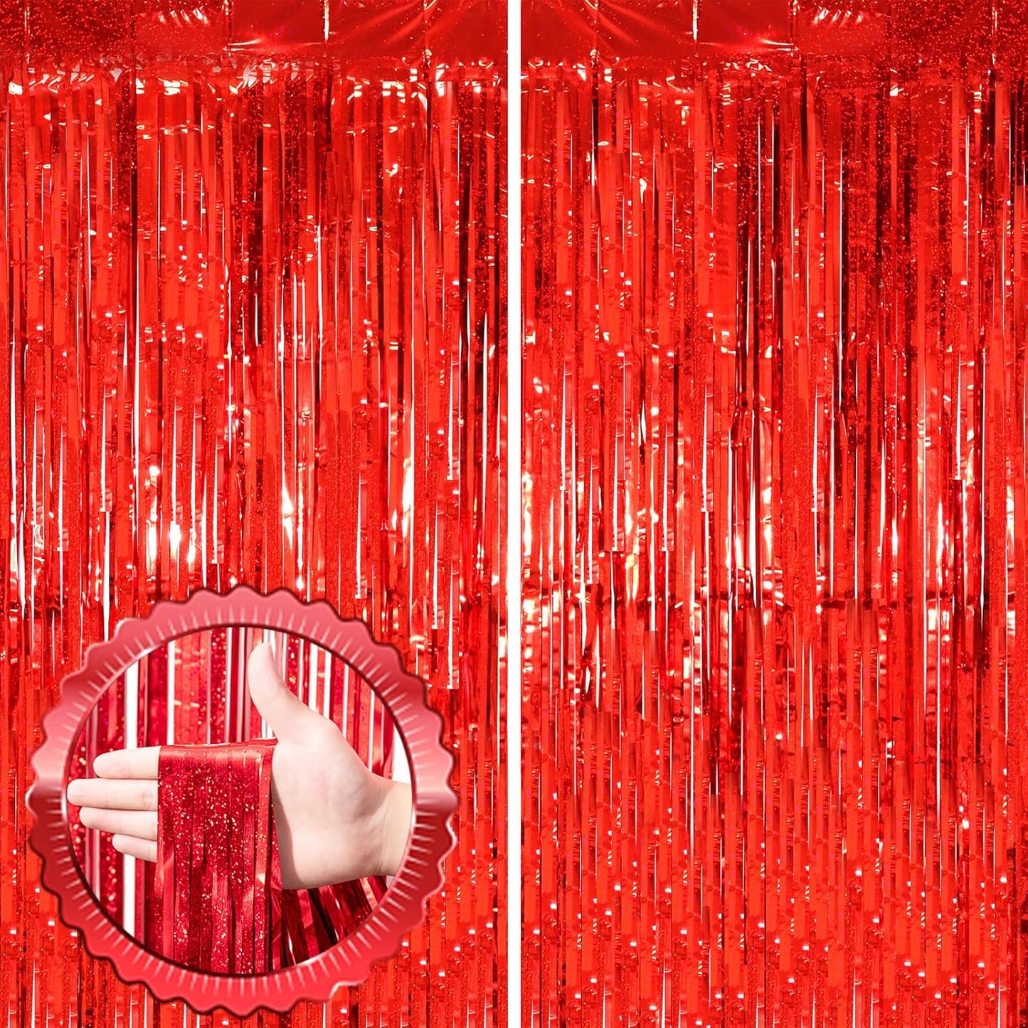 2 Pack Red Tinsel Foil Fringe Curtains, Red Party Decorations, Metallic Tinsel Party Streamers Backdrop for Birthday Casino Christmas Graduation Carnival Valentine's Party Decorations