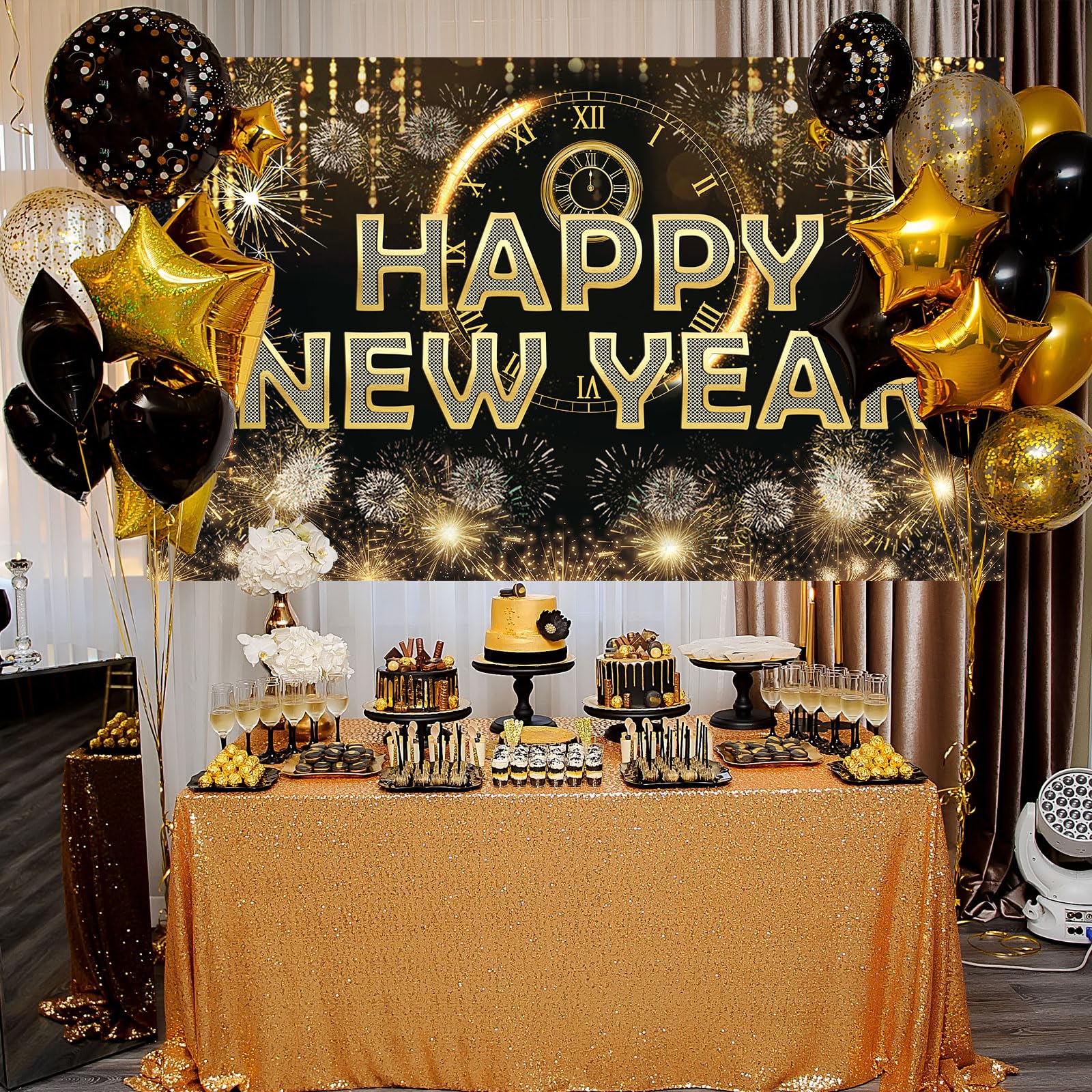 HAPPY NEW YEAR Hanging Extra Large Fabric Sign Poster Black Background Banner with Firework Pattern