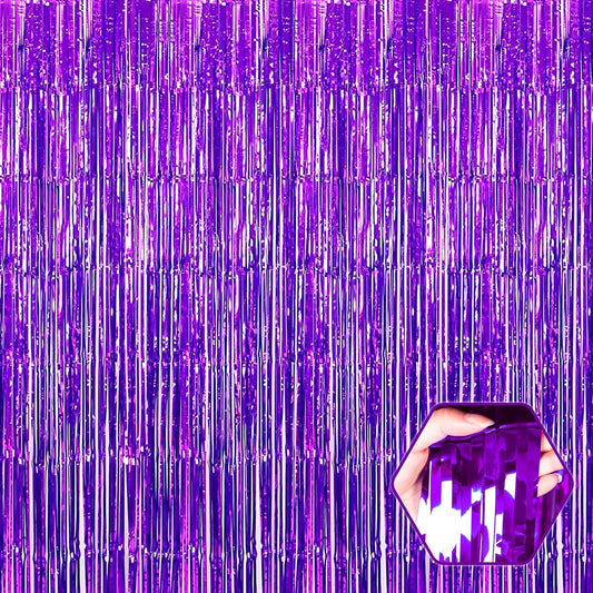 3 Pack Purple Foil Fringe Curtain Backdrop, 3.28Ft x 8.2Ft Metallic Tinsel Foil Fringe Streamer Curtains for Photo Booth, Christmas Day, Thanksgiving, Wedding, New Year Party Decorations