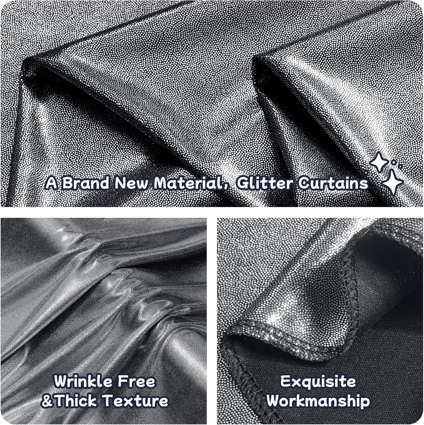 30ftx10ft Black Silver Glitter Sequin Backdrop Curtain for Parties, Wrinkle Free Sparking Backdrop Drapes, 6 Panels 5x10ft Shimmer Photo Back Drop Cloth for Wedding Birthday Photography