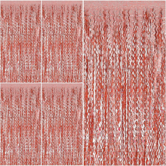 Rose Gold Tinsel Foil Fringe Curtains Wavy Backdrop for Parties Sparkle Metallic Wavy Foil Fringe Backdrop Curtain Photo Booth Props Birthday Graduation Wedding Bachelorette Party Decorations
