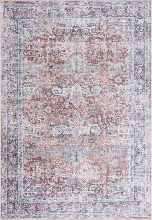 Bloom Rugs Caria Washable Non-Slip 6x9 Rug - Brick/Dark Blue Traditional Area Rug for Living Room, Bedroom, Dining Room, and Kitchen - Exact Size: 6' x 9'