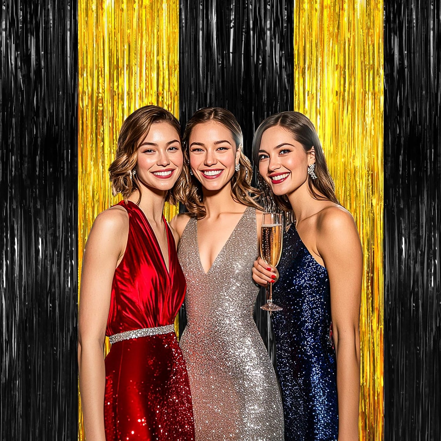 BTSD-home 4 Pack Black Gold Metallic Foil Fringe Curtain Tinsel Streamer Party Decorations Photo Booth Backdrop for Bachelorette Birthday Halloween