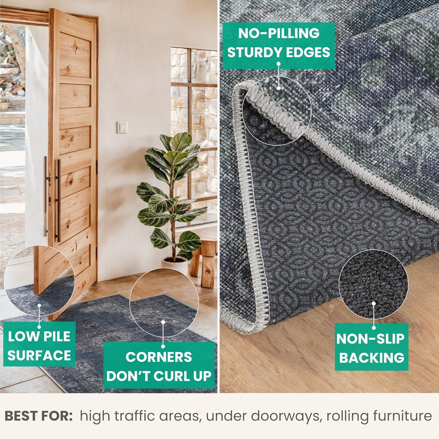 Bloom Rugs Washable Non-Slip 5' x 7' Rug - Dark Teal Traditional Medallion Area Rug for Living Room, Bedroom, Dining Room, and Kitchen - Exact Size: 5' x 7'