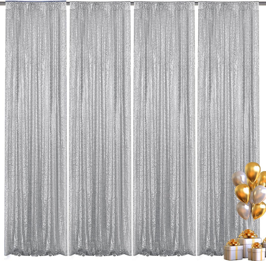 Silver Sequin Backdrop Curtain 4 Pieces 2FTx8FT Glitter Photography Backdrop for Party Wedding Birthday Christmas Decorations