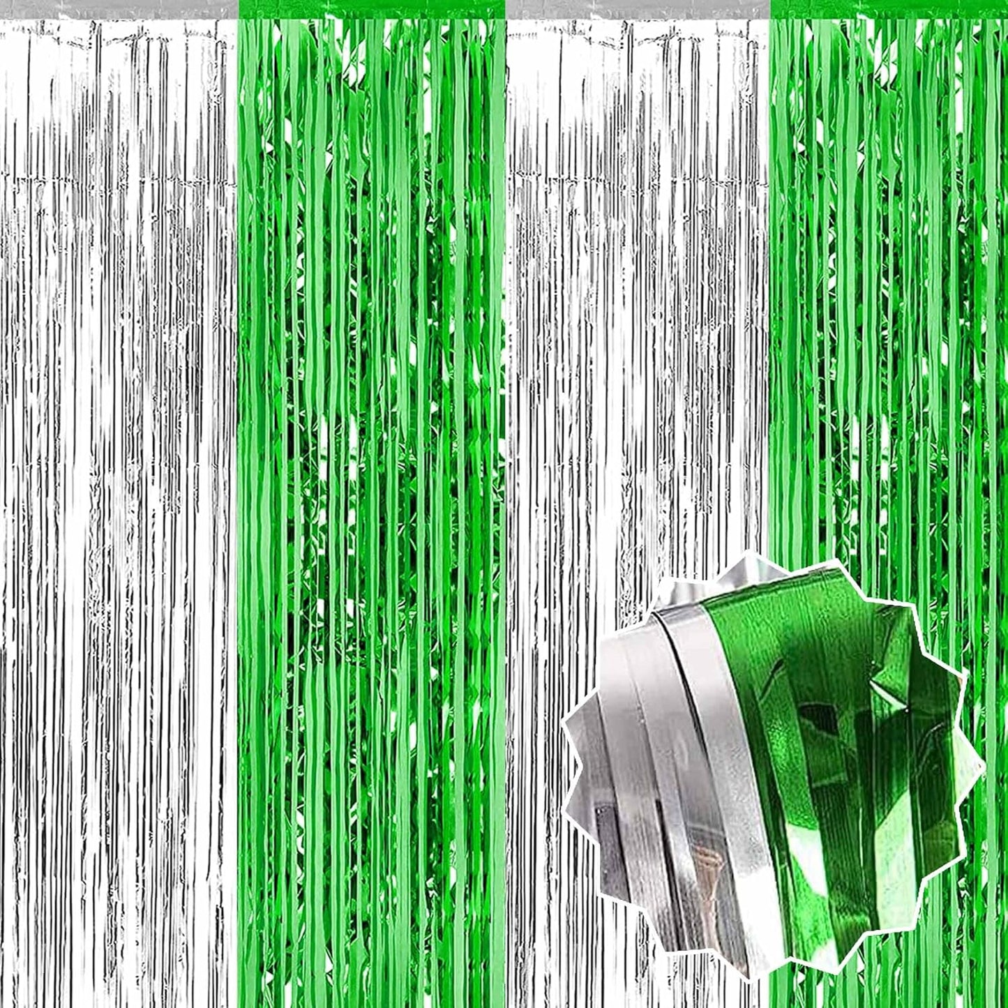 3 Pack Silver Green Foil Fringe Curtains Backdrop, 3.28 x 9.8 Ft Metallic Streamers Tinsel Curtains Background for Photo Booth, Birthday, Halloween, Christmas, Thanksgiving, New Year Party Decorations