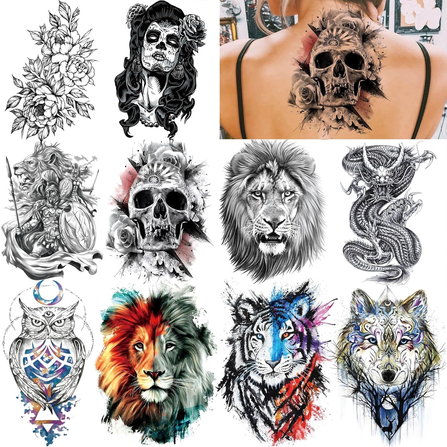53 Sheets 3D Large Tiger Dragon Temporary Tattoos For Women Thigh Men Arm Adult, Half Sleeve Halloween Gangster Lion Owl Fake Tattoo Sticker, Warrior Wolf Flower Bulk Tiny Small Tatoos Finger