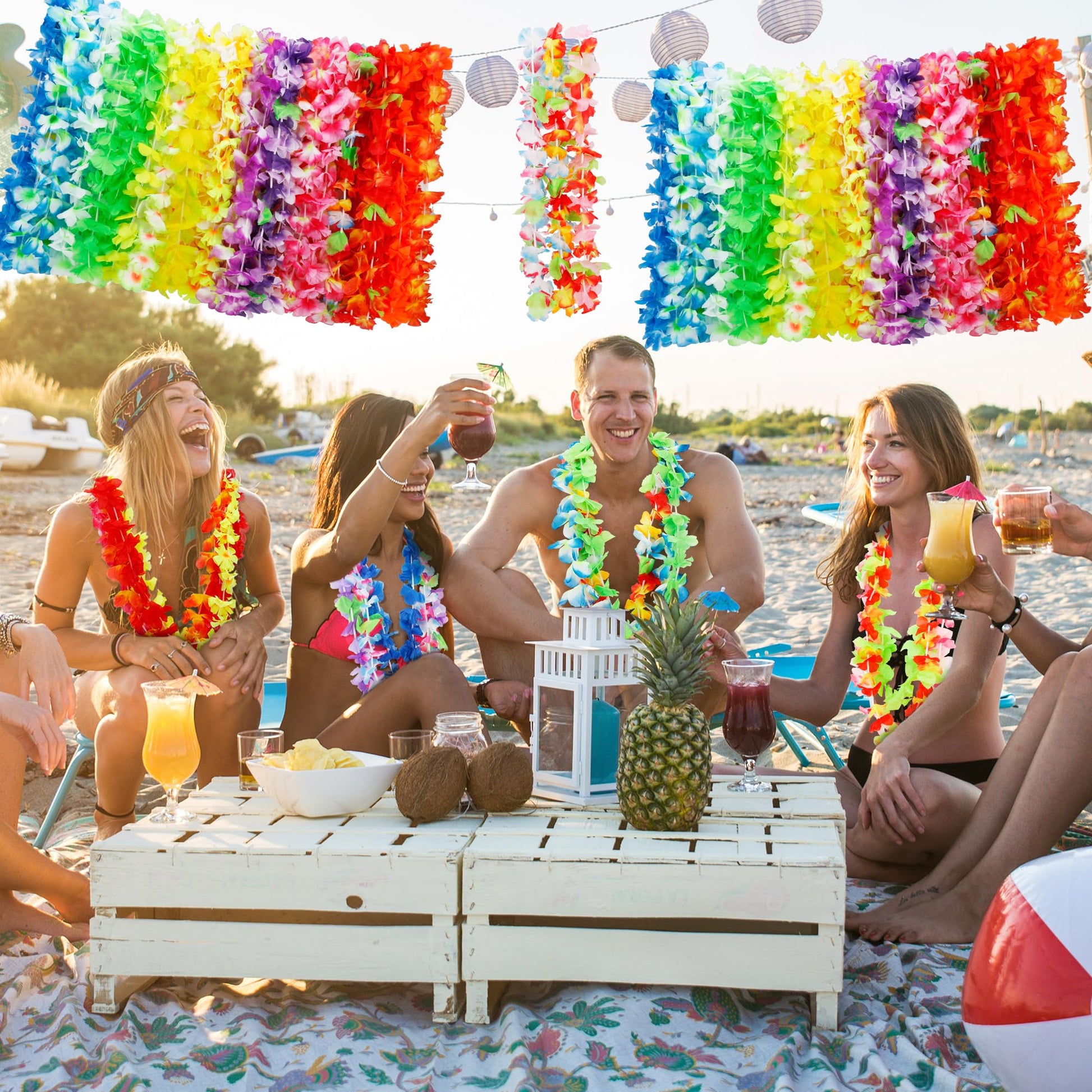 Arrowom 24pcs Hawaiian Leis Bulk Luau Party Silk Flower Necklace Colorful Tropical Hawaiian Bulk