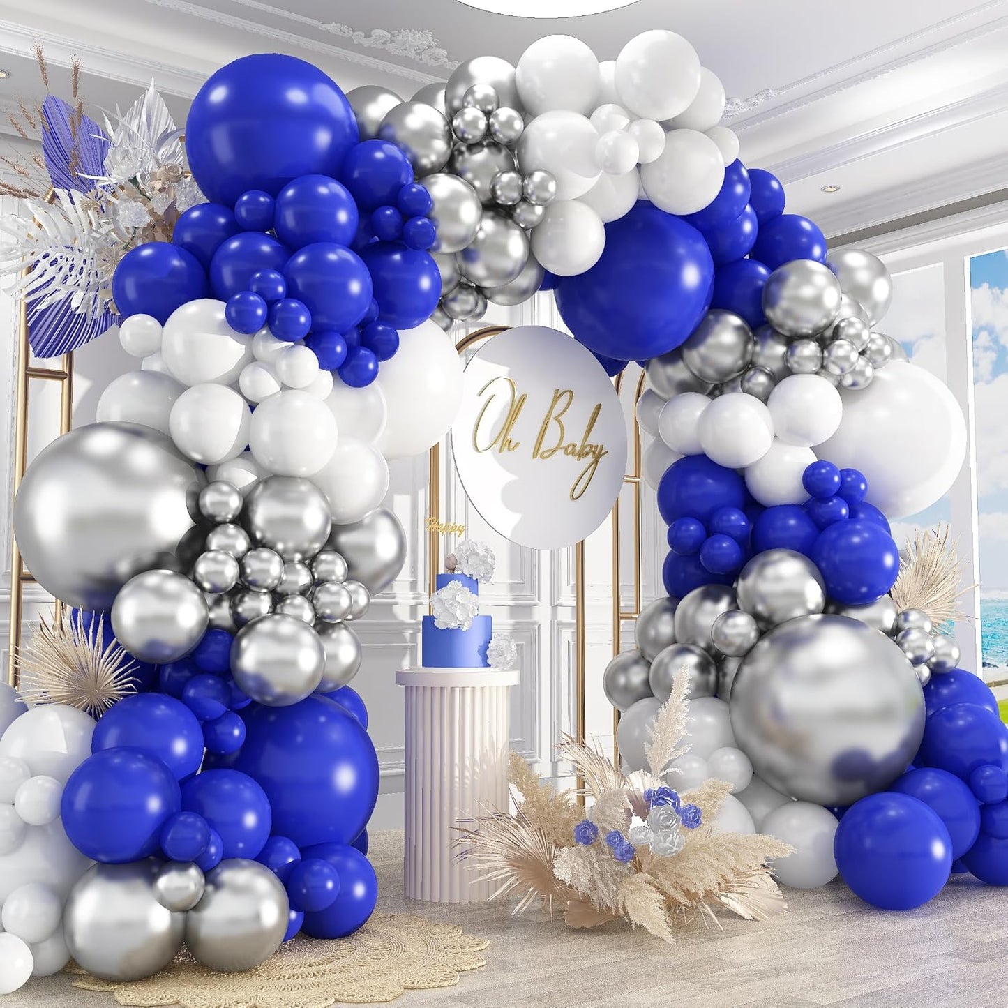 412Pcs Blue White Silver Balloon Arch Kit,18 12 10 5 Inch Different Size Royal Blue and White Balloons for Graduation Birthday Wedding Party Decorations