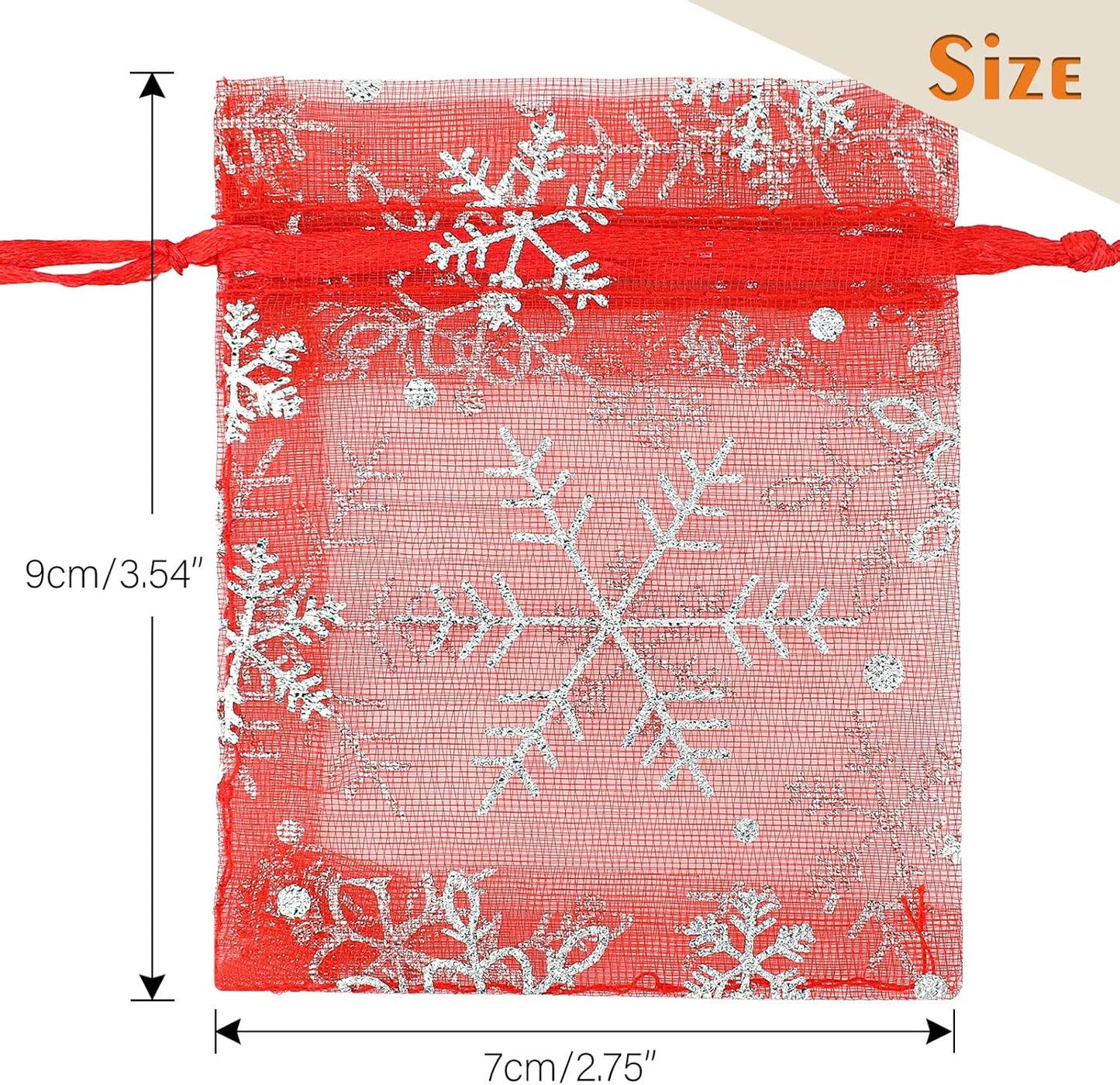 jijAcraft 3x4 Inch Christmas Organza Bags - 100Pcs Red Snowflake Gift Bags with Drawstring, Xmas Party Favor Sheer Mesh Pouches for Winter Gift, Candy, Jewelry Bag