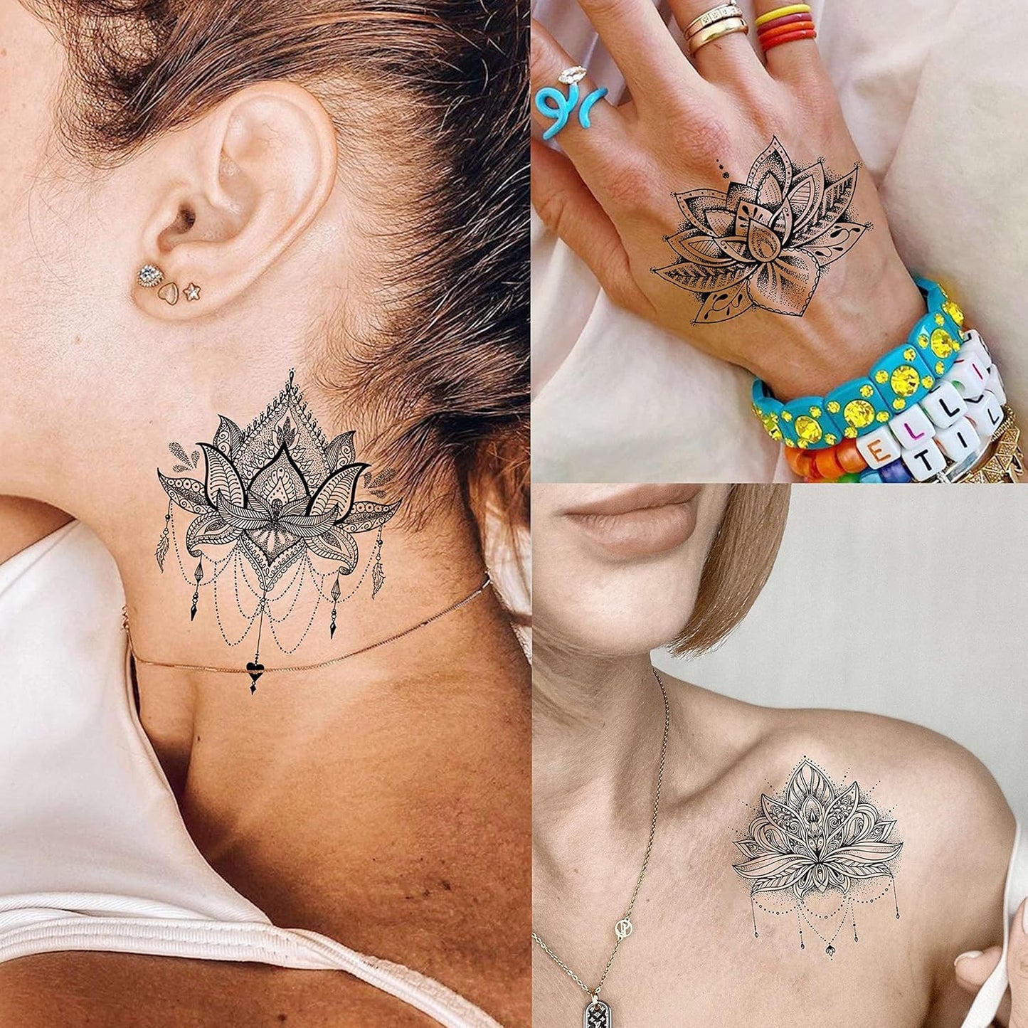 15 Sheets Sexy Black Lotus Temporary Tattoos For Women Wedding Brides, Tribal Fake Jewelry Pendant Lace Moon Moth Flowers Temp Tattoos Temporary Sticker For Girls Arm Neck Hands Tatoos Jewels