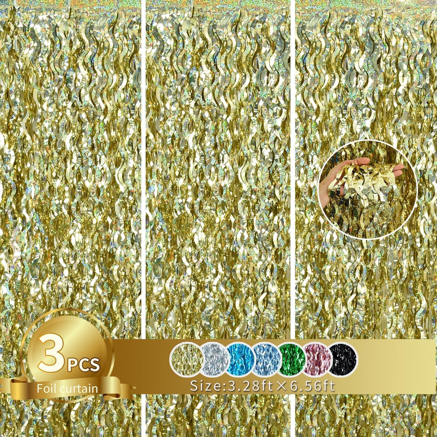 TONIFUL 3Pcs Wavy Metallic Tinsel Foil Fringe Curtains Champagne Gold Streamer Backdrop for Photo Booth Props,Party Door Wall Curtains Bachelorette Wedding Birthday New Year Decor (9.9ft x 6.6ft)