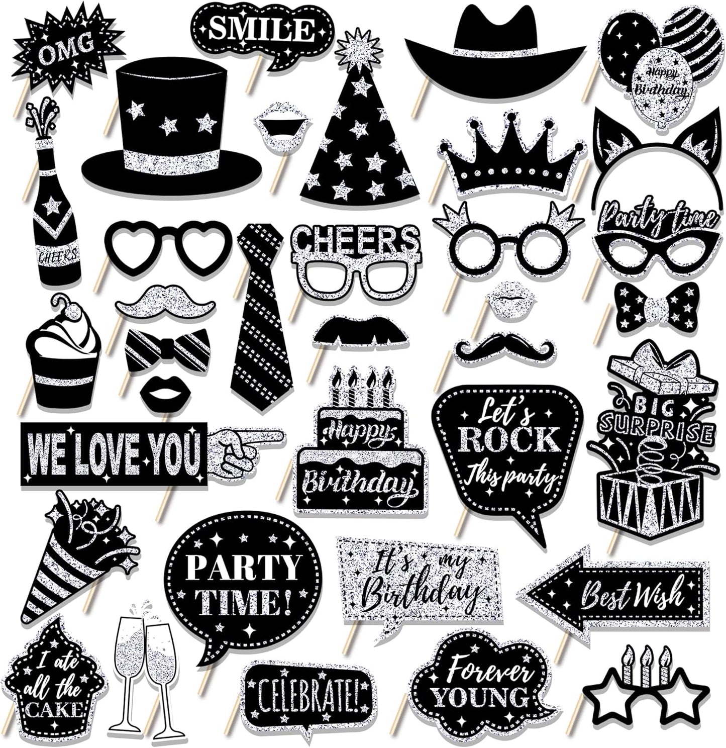 36 PCS Birthday Photo Booth Props Party Supplies Holiday Picture Decorations Photo Booth Props for Birthday Party Favors Pose Sign Kit Fun for Party (Silver and Black)