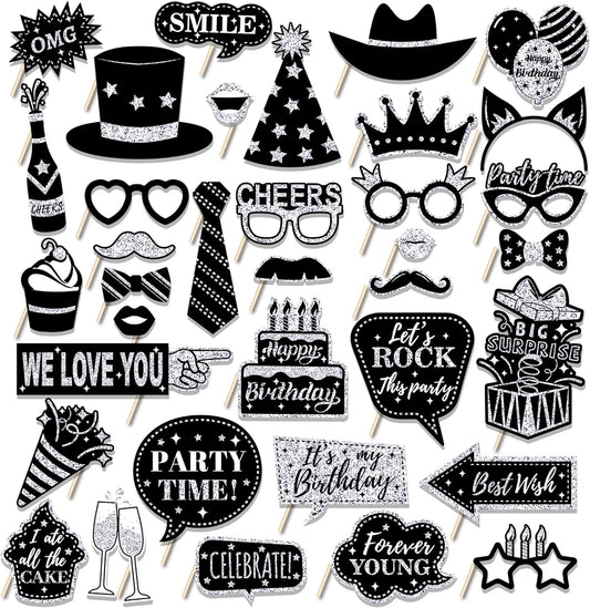 36 PCS Birthday Photo Booth Props Party Supplies Holiday Picture Decorations Photo Booth Props for Birthday Party Favors Pose Sign Kit Fun for Party (Silver and Black)