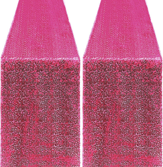 2 Packs 12 x 72 inches Sequin Table Runner, Hot Pink Glitter Table Runner for Birthday Party Supplies Wedding Engagement Baby Shower Holiday Celebration Event Decorations