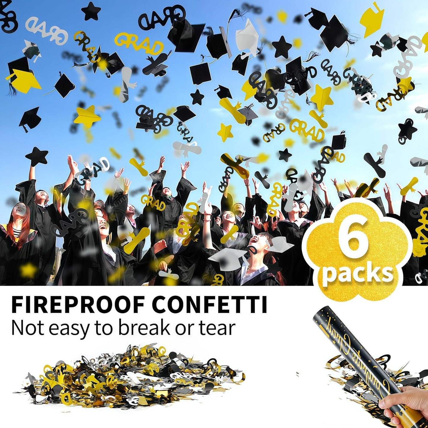 16 inch Graduation Confetti Poppers,Confettis Cannons Bulk with Diploma GRAD Star&Cap Design for Graduation Ceremony Party Favor Supply,Class Toss Ceremony,Class of 2025 Confetti (6Pack)