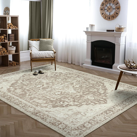 Bloom Rugs Washable Non-Slip 8' x 10' Rug - Light Brown Traditional Medallion Area Rug for Living Room, Bedroom, Dining Room, and Kitchen - Exact Size: 8' x 10'