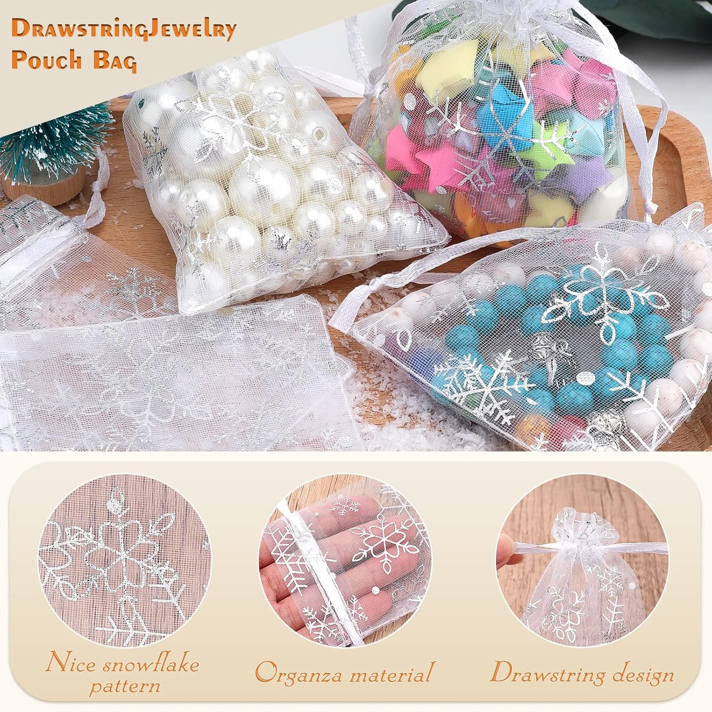 jijAcraft 3x4 Inch White Christmas Organza Bags - 100Pcs Small Snowflake Bag, Xmas Drawstring Mesh Gift Pouches for Gift, Party Favors, Candy