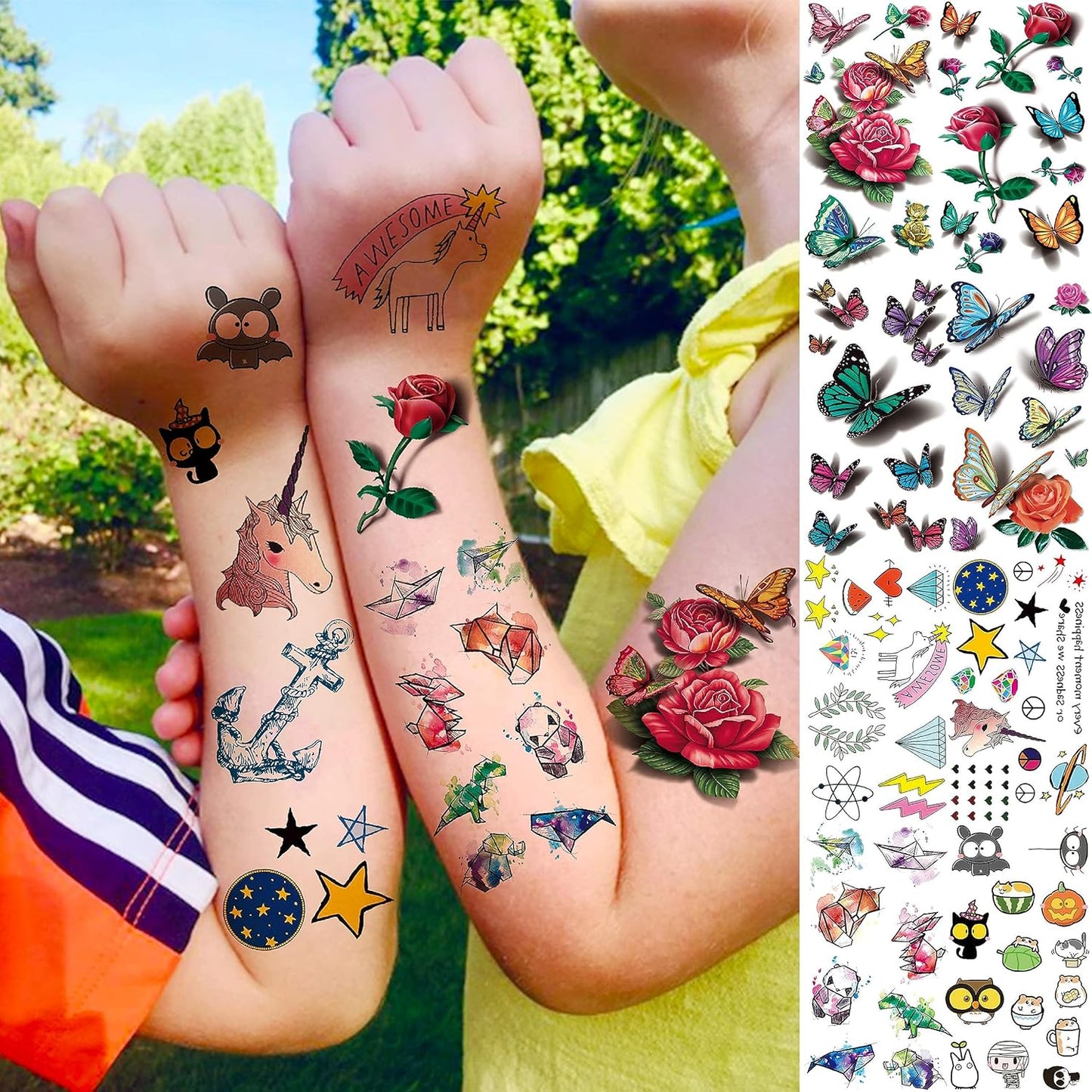 66 Sheets 430+ PCS Cute Temporary Tattoos For Women Men Adults, Watercolor Butterfly Flower Lavender Fake Tattoo Stickers Kids Boys Girls, Black Star Animals Space Temp Tattoos Dragon Wolf Lion