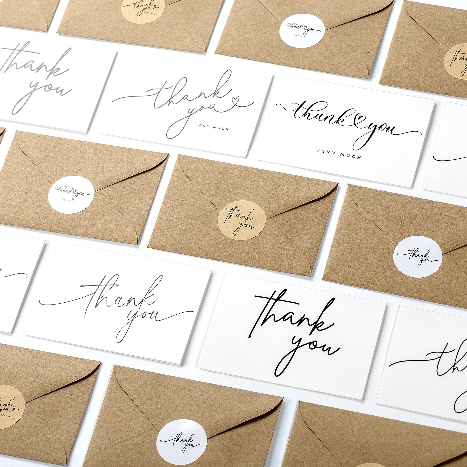 Layneria 100 Bulk Thank You Cards with Kraft Envelopes and stickers - 4 Minimalistic Designs Blank