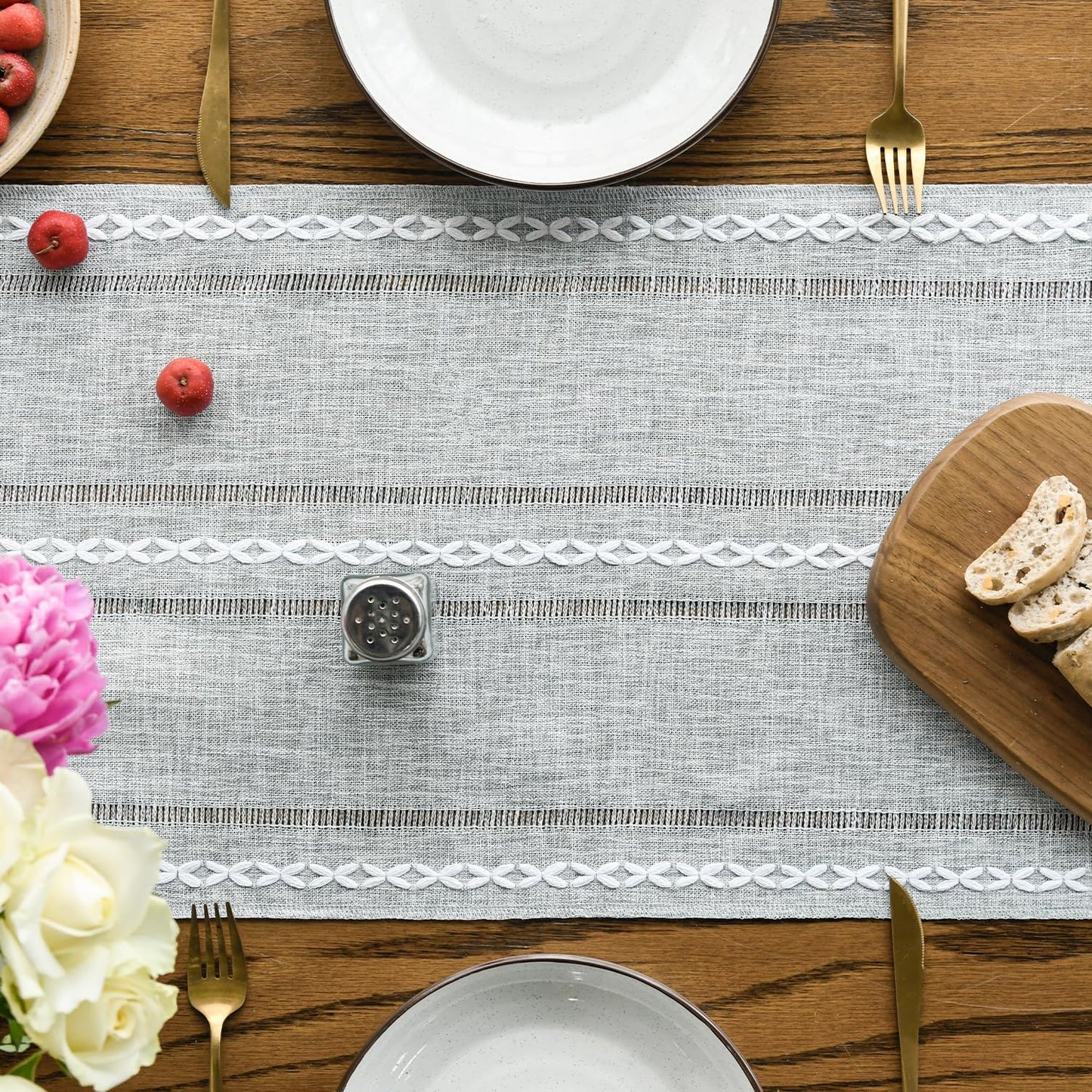 Artoid Mode Grey Rustic Cotton Linen Table Runner, Seasonal Embroidered Hollow Kitchen Dining Table Decoration for Home Party Decor 13x36 Inch