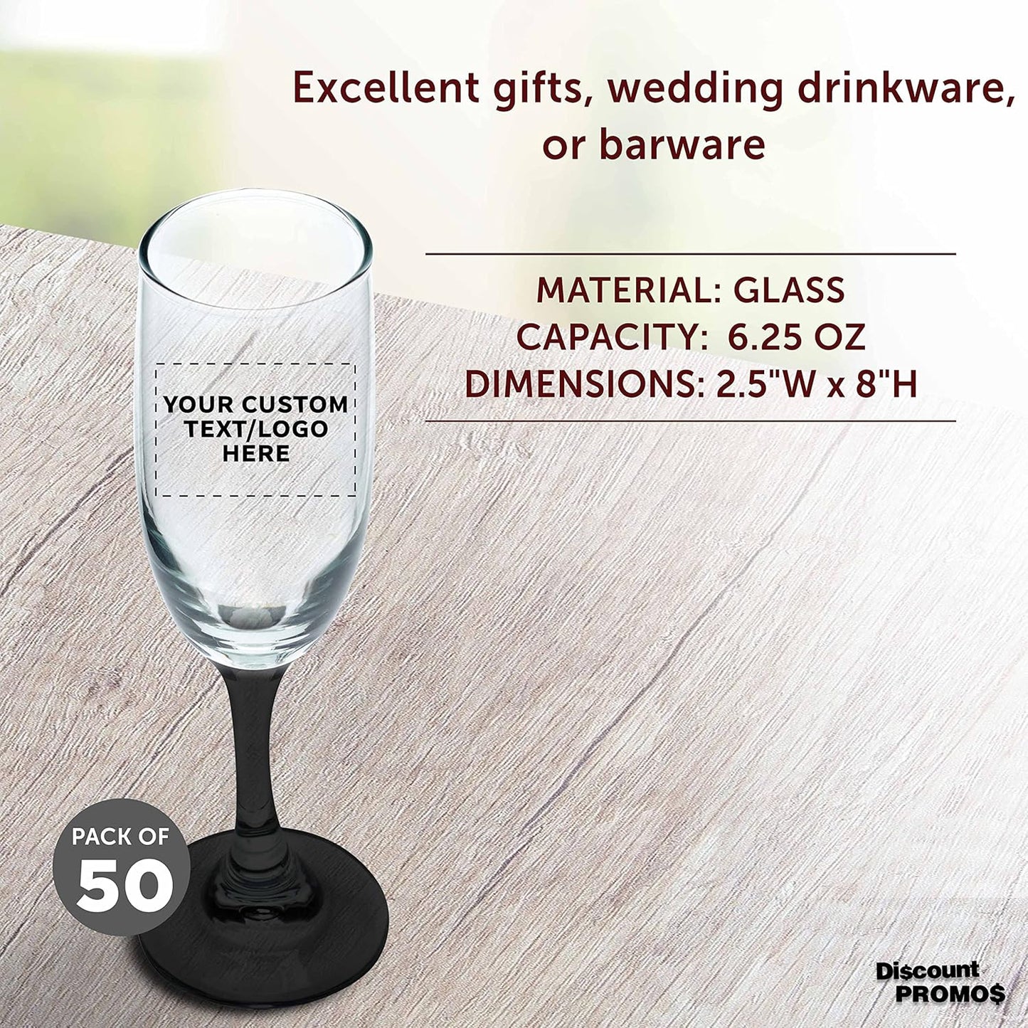 DISCOUNT PROMOS Custom Premiere Champagne Flutes 6.25 oz. Set of 50, Personalized Bulk Pack - Elegant Drinkware for Weddings, Events, & Promotional Gifts - Black