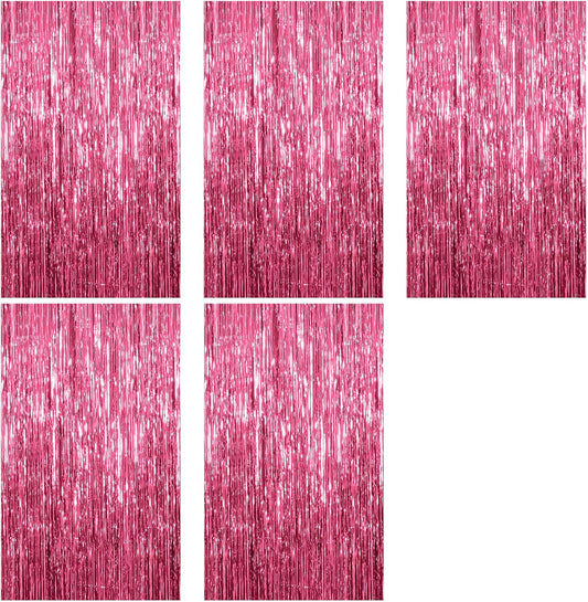 5 Pack Foil Curtain Backdrop Pink Metallic Tinsel Foil Fringe Curtains Photo Booth Props for Birthday Wedding Engagement Baby Shower Bachelorette Christmas Holiday Celebration Party Decorations