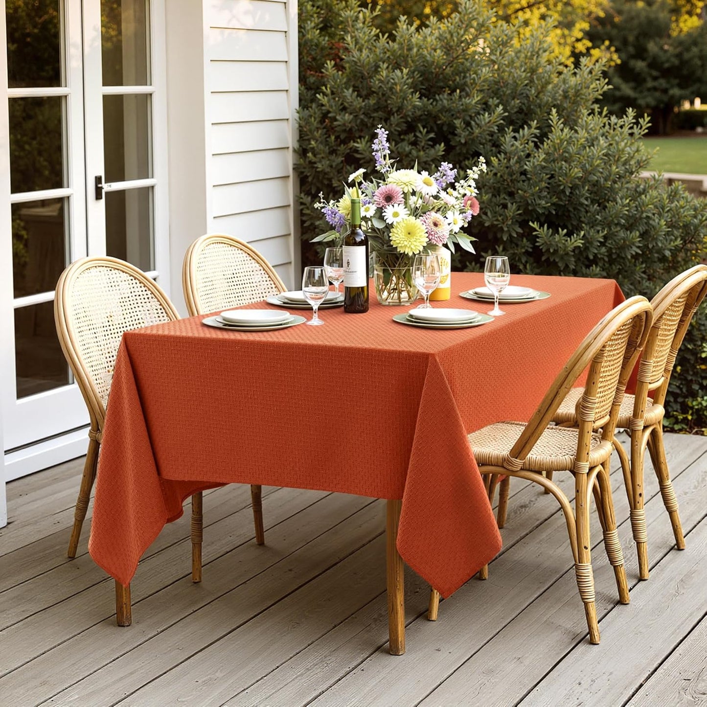 MIULEE Fall Tablecloth Burnt Orange Linen Cottton Table Cloth Rectangle Waterproof Spillproof Cross-Star Textured Decorative Farmhouse Style for Dining Party Weddings 60x84 Inch