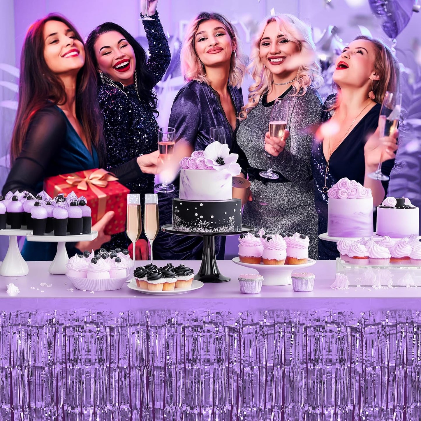 4 Pack Light Purple Table Skirts, 29x108" Metallic Foil Tinsel Fringe Table Skirts for Rectangle Tables Streamer Curtains Backdrop, Party Decorations for Birthdays Weddings Holidays