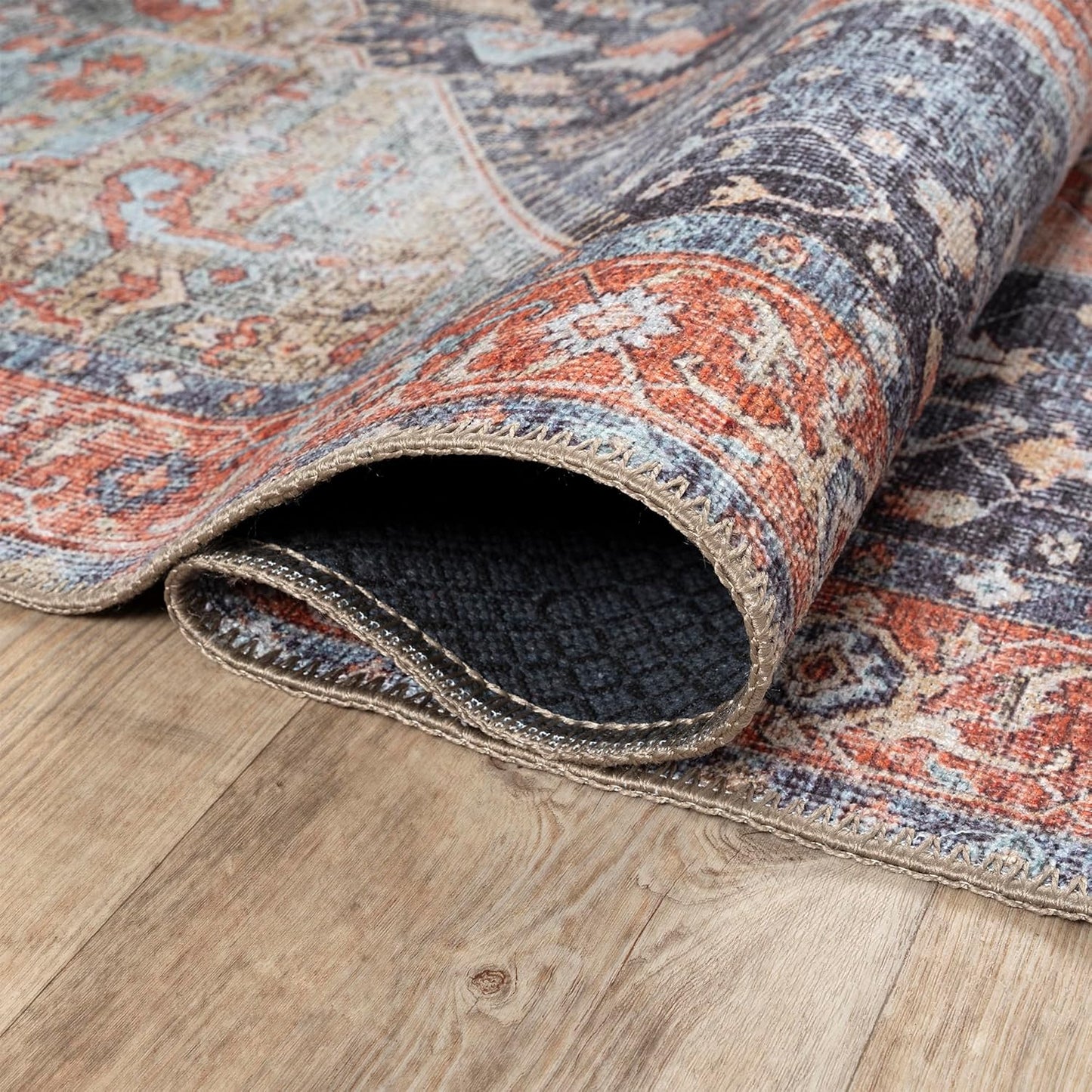 Bloom Rugs Washable Non-Slip 3' x 5' Rug - Terracotta/Blue Traditional Medallion Area Rug for Living Room, Bedroom, Dining Room, and Kitchen - Exact Size: 3' x 5'