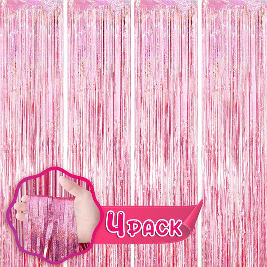 4 Pack 3.3x8.2 Feet Laser Pink Foil Fringe Backdrop Curtains, Tinsel Streamers Birthday Party Decorations, Fringe Backdrop for Graduation, Baby Shower, Gender Reveal, Disco Party