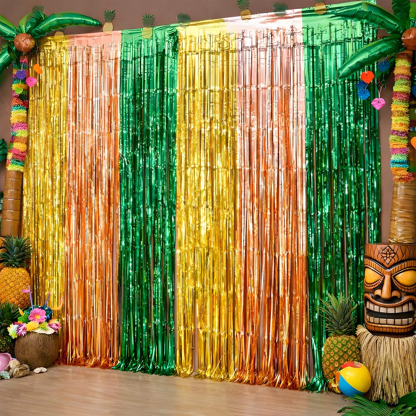 Luau Party Decorations - Green Gold Rose Tropical Streamers Backdrop Banner | Hawaiian Party