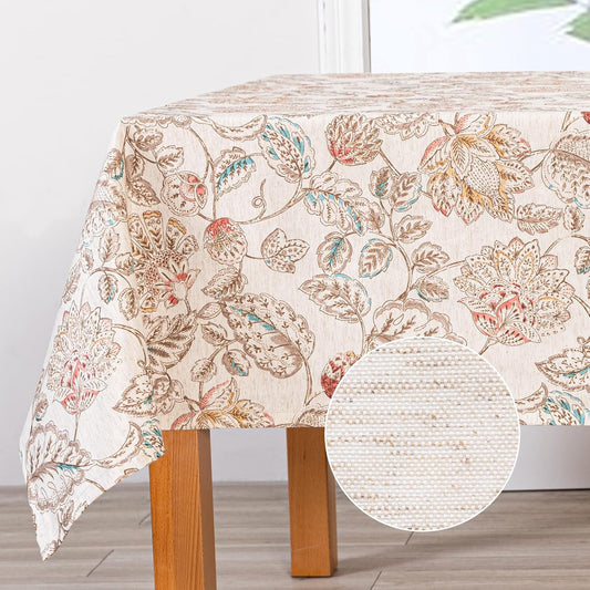 MYSKY HOME Linen Floral Tablecloth Rectangle 60x84 Inch Rustic Tablecloth Spring Summer Waterproof Fabric Table Cover Farmhouse Decoration Oblong for Kitchen, Dining and Outdoor Picnic, Brown