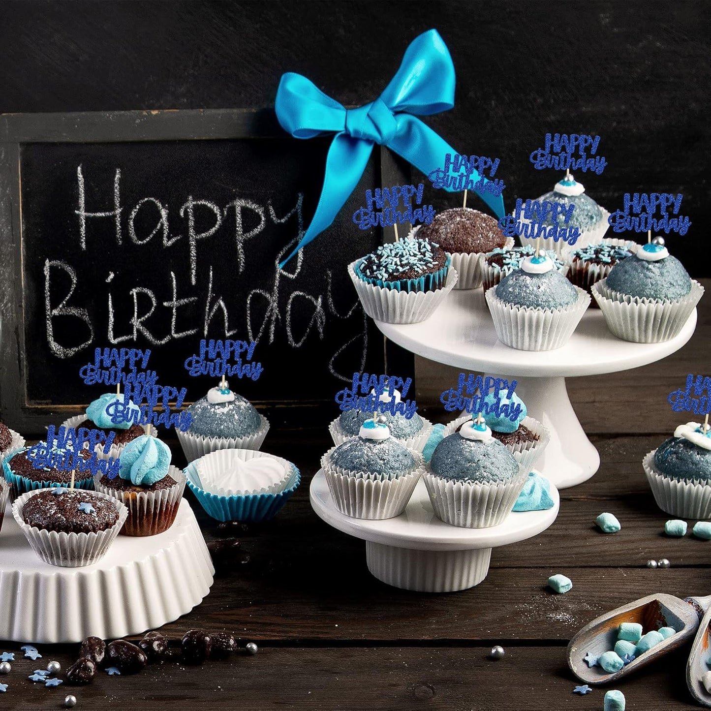Gyufise 24 Pcs Happy Birthday Cupcake Toppers Glitter Cupcake Food Picks for Celebrating Theme Party Cake Decorations Supplies Deep Blue