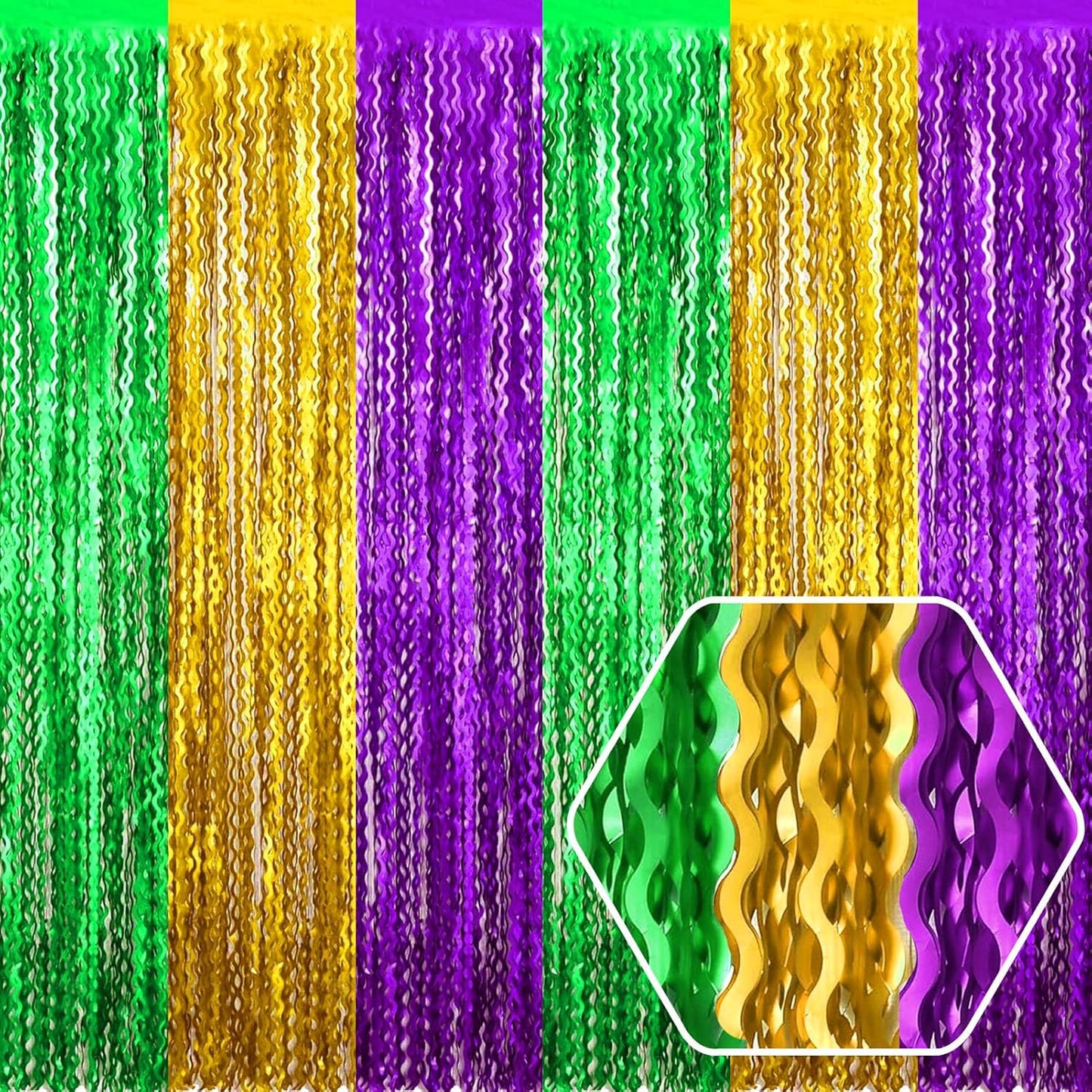 4 Pack Gold Green Purple Wave Foil Fringe Curtain Backdrop, 3.28Ft x 8.2Ft Metallic Tinsel Foil Fringe Streamer Curtains for Photo Booth, Mother's Day, Easter, Birthday, Wedding Party Decoration