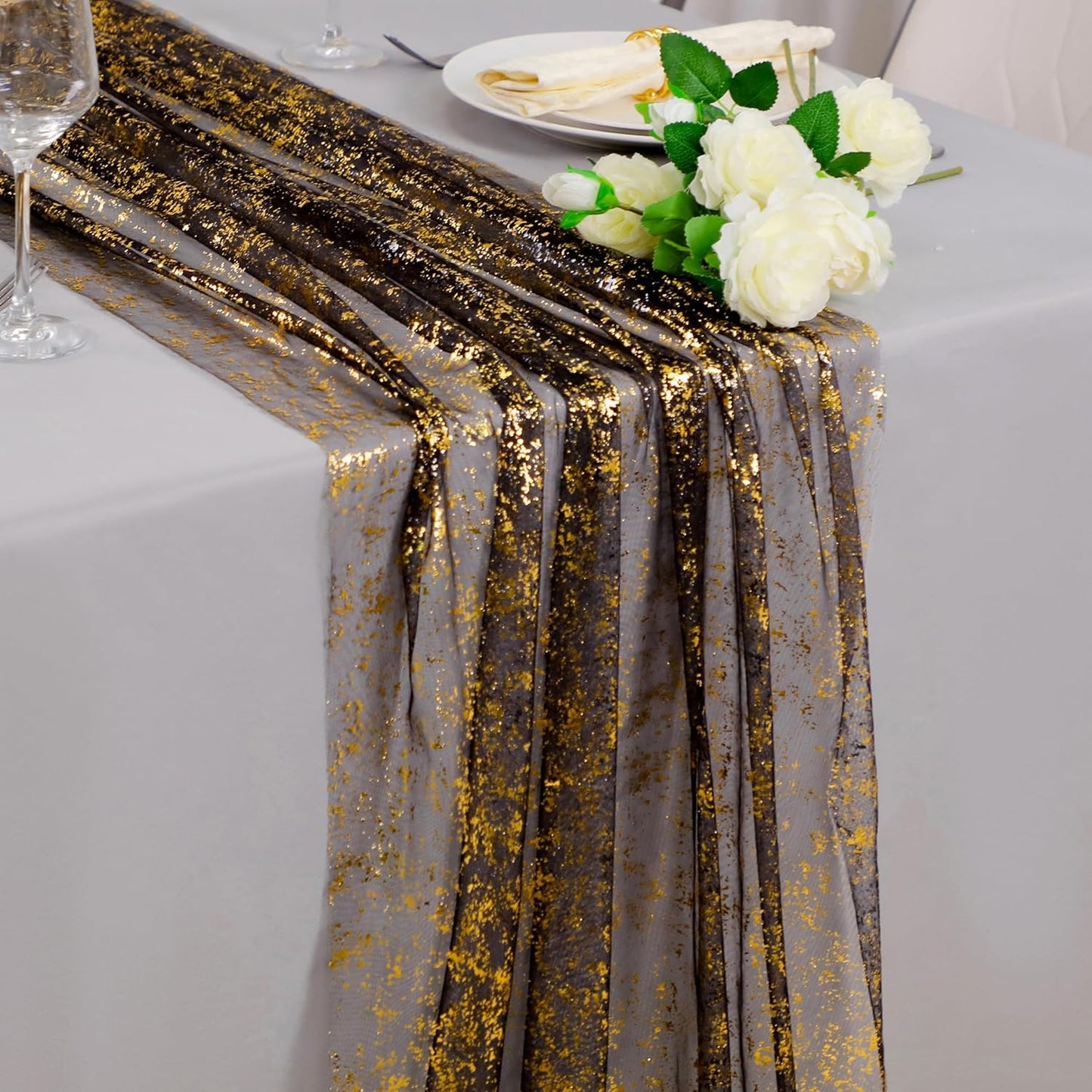 Snowkingdom Black and Gold Cheesecloth Table Runner 10 FT, Sheer Chiffon Sparkle Gauze Mesh Runners 120 Inch, Glitter Table Centerpieces Decoration for Birthday Party Wedding Christmas Halloween