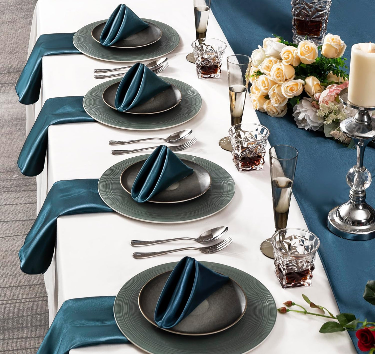 36 Pack Square Satin Dinner Napkins, 16x16 Inches Silky Soft Smooth Table Cloth Napkins for Restaurant Weddings Banquet Party Decoration, Deep Sea Blue