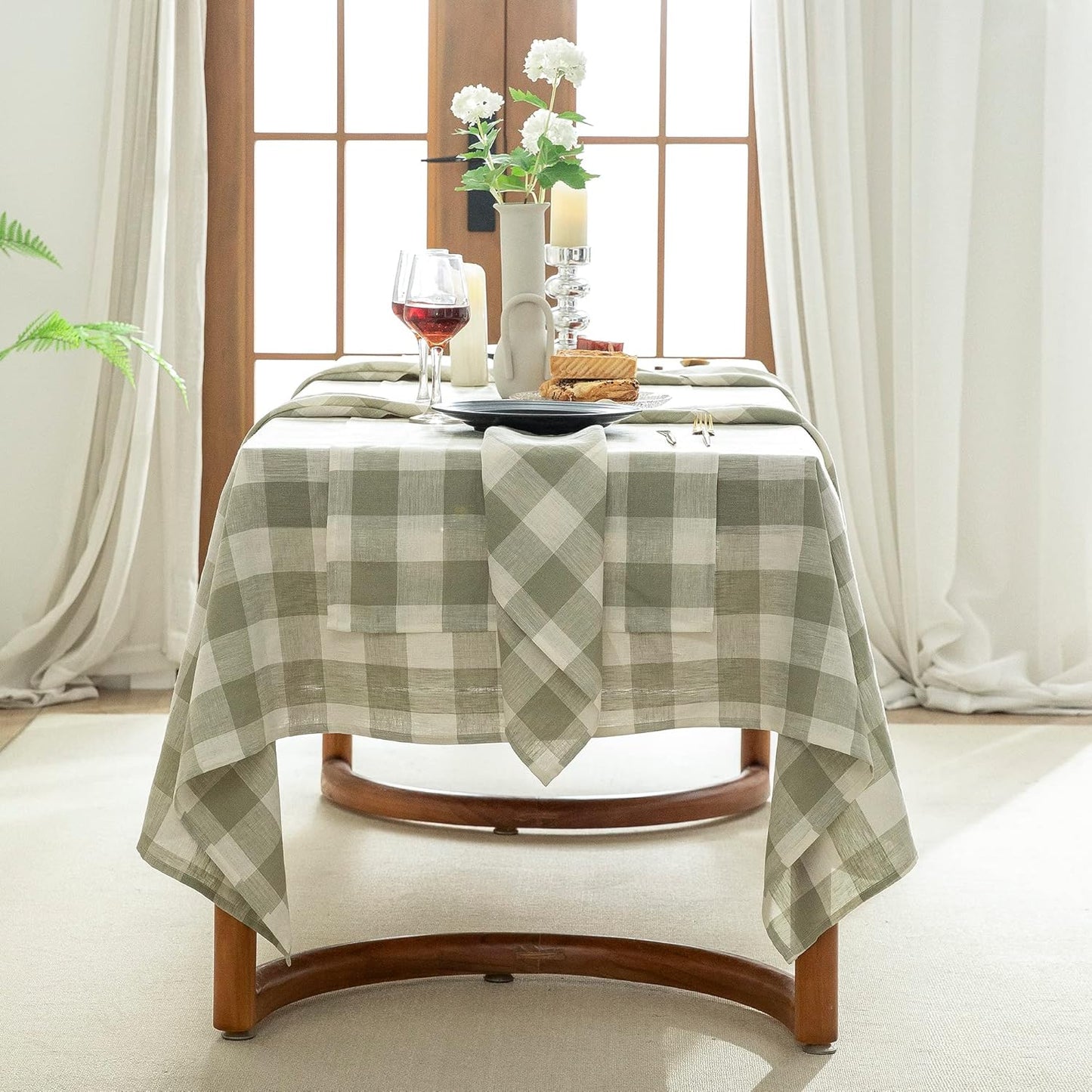 EVERLY 100% Yarn-Dyed Linen Rectangle Tablecloths 60x108Inches for Dining,Buffet Parties,Picnic,Events and Restaurants,Decorative Halloween,Thanksgiving Machine Washable Tablecloths-Sage Green Plaid