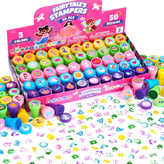 JOYIN 50 Pcs FairyTale's Themed Stamps for Kids - Self-Ink Stamps with 50 Designs for Birthday Party Favor, Carnival Prizes, Goodie Bag, Halloween, Christmas (Mermaid, Princess, Unicorn Stampers)