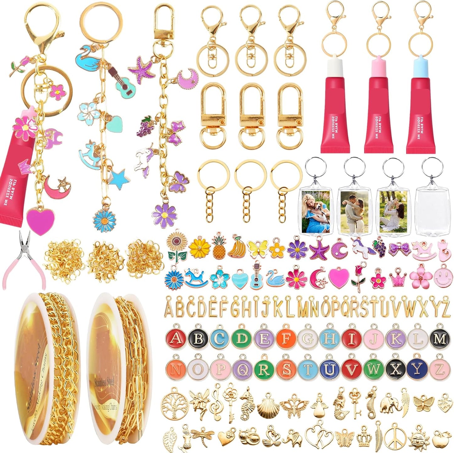 Namifin 384 Pcs Lip Gloss Keychain Making Kit with Charms & Keychain Clips - DIY Bag Charms, Photo Keychains, Personalized Gifts for Friends Small Business