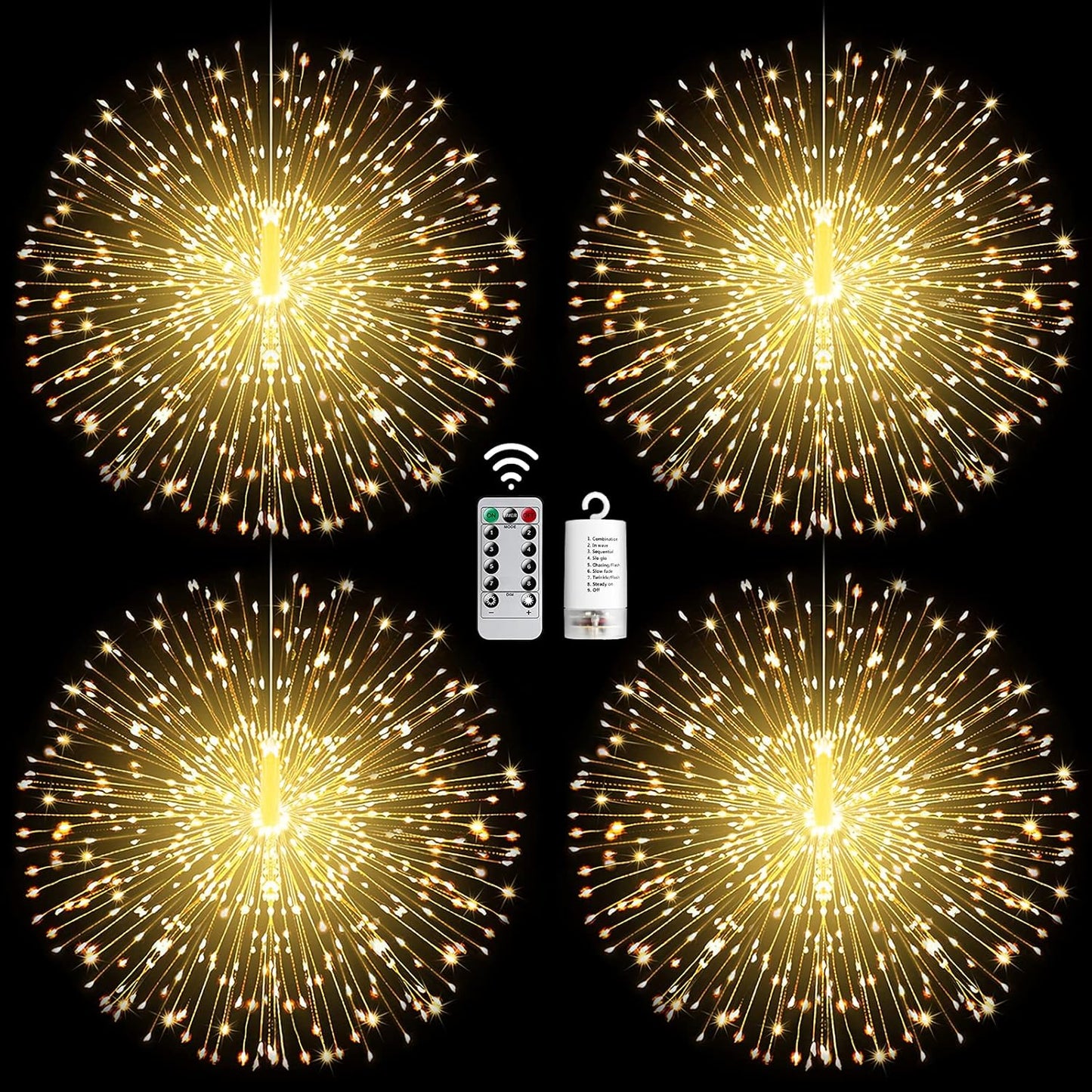 4 Pack String Lights - 225 LED 8 Modes Dimmable with Remote Control, Waterproof Copper Wire Decorative Hanging Bursting Star Lights for Party, Patio, Garden Decoration (Warm White)