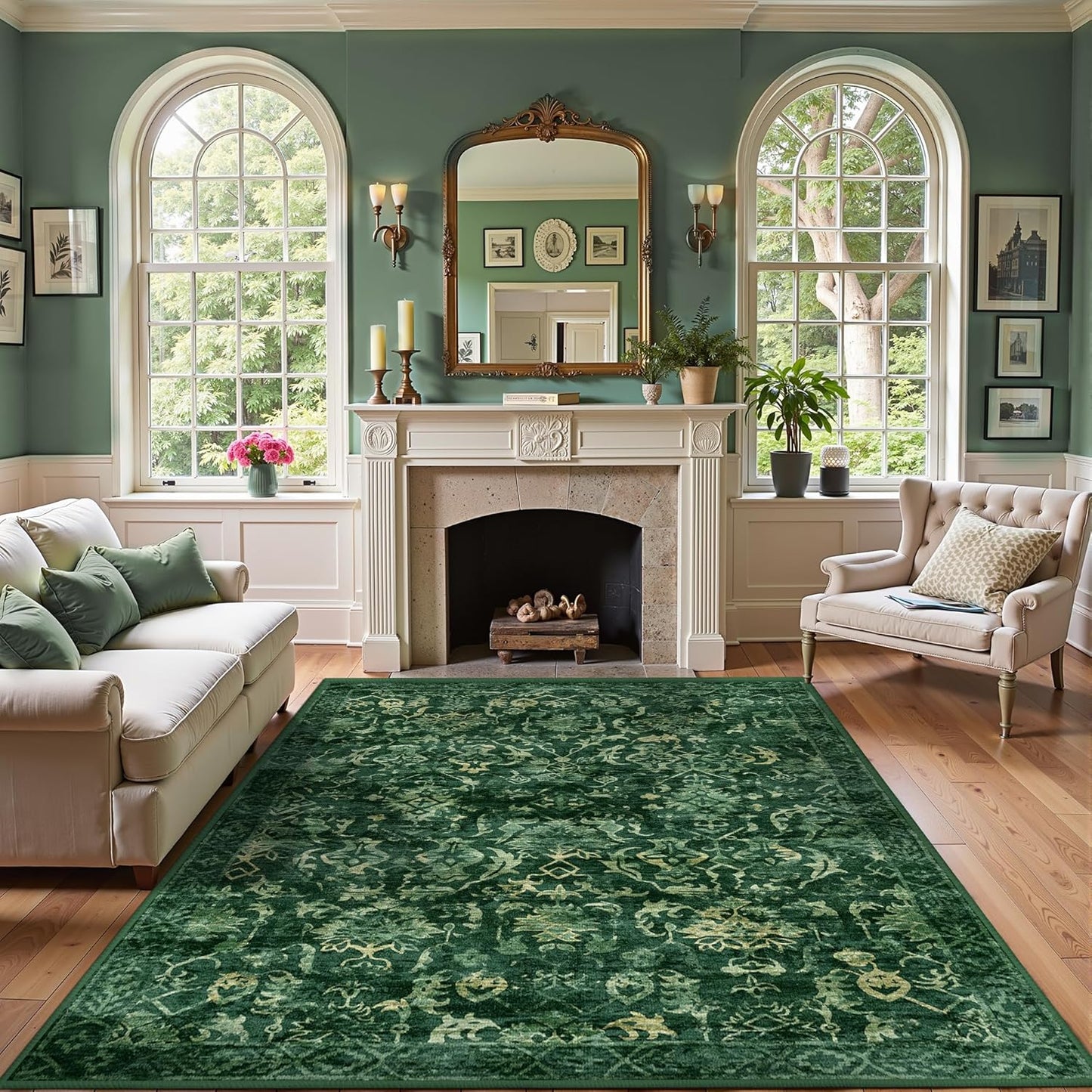Dark Green Vintage Area Rug 5x7 for Living Room, Washable Distressed Farmhouse Soft Thin Non-Shedding Indoor Throw Rug, Traditional Accent Carpet for Bedroom Office